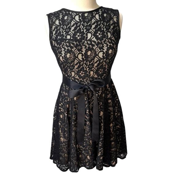 Betsy & Adam Elegant Black Lace Layered Ribbon Waist Dress Size 8 Made in USA - Picture 1 of 13